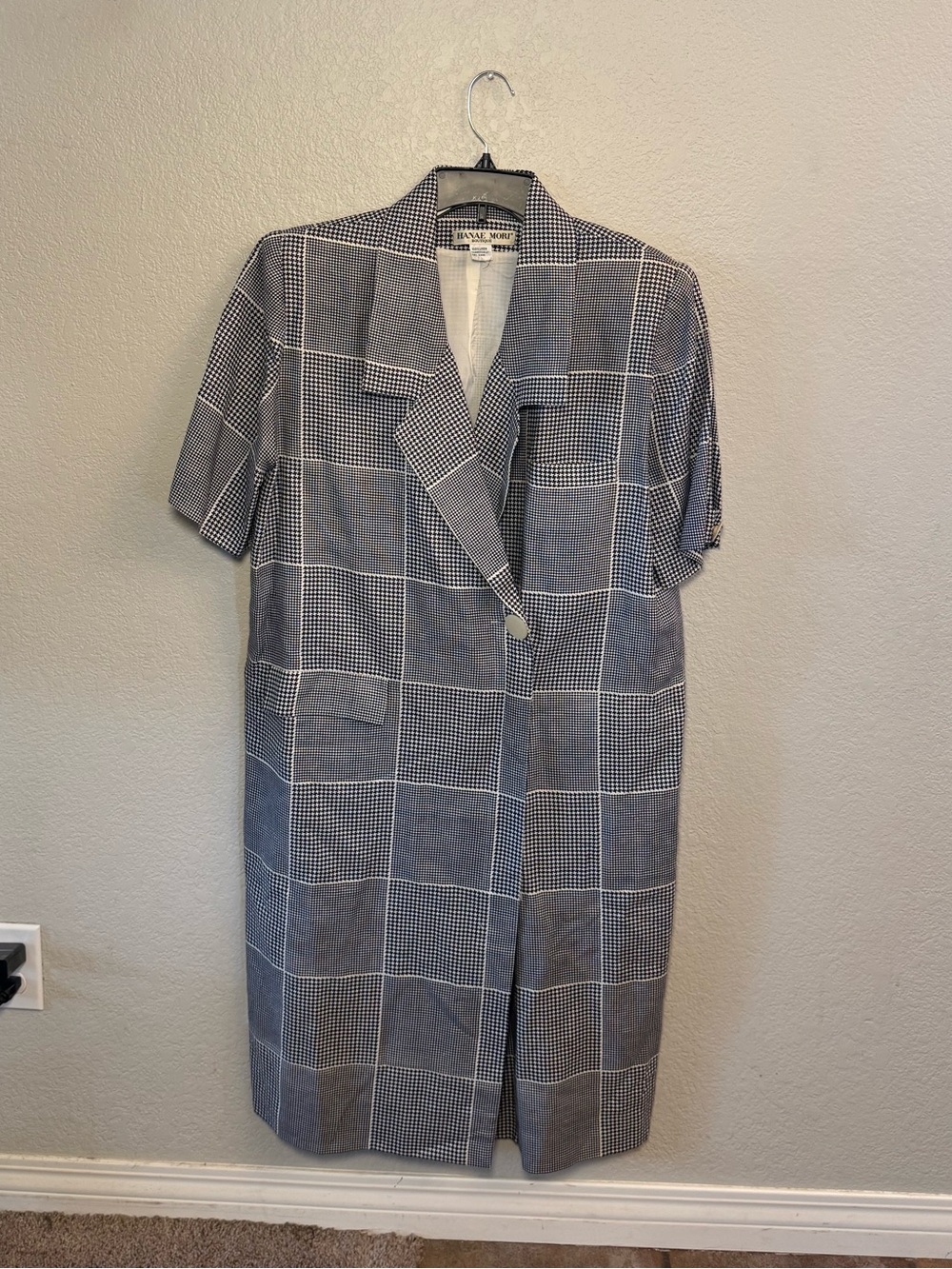 Vintage Hanae Mori Boutique 100% Linen Houndstooth Blazer Dress Blue/White